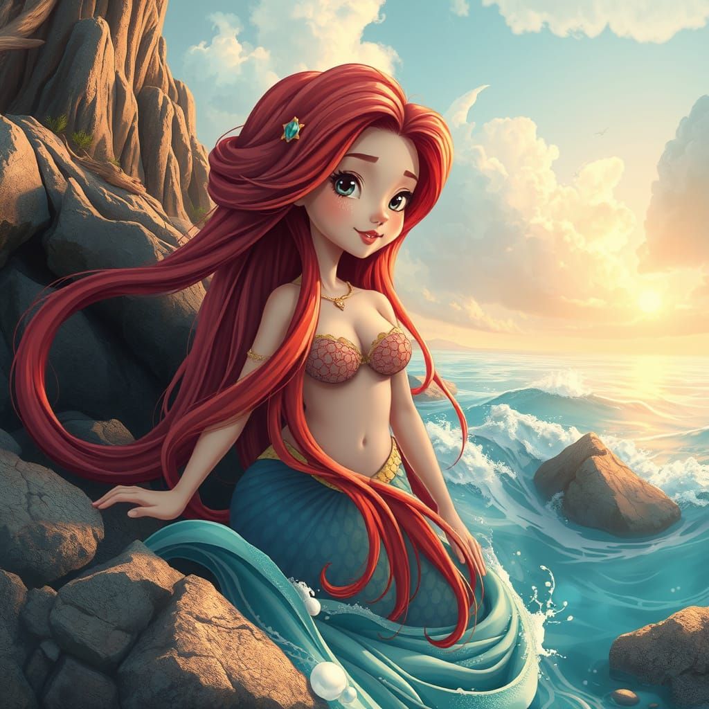 Dreamy Mermaid on Rocky Coast in Fantasy Art Style