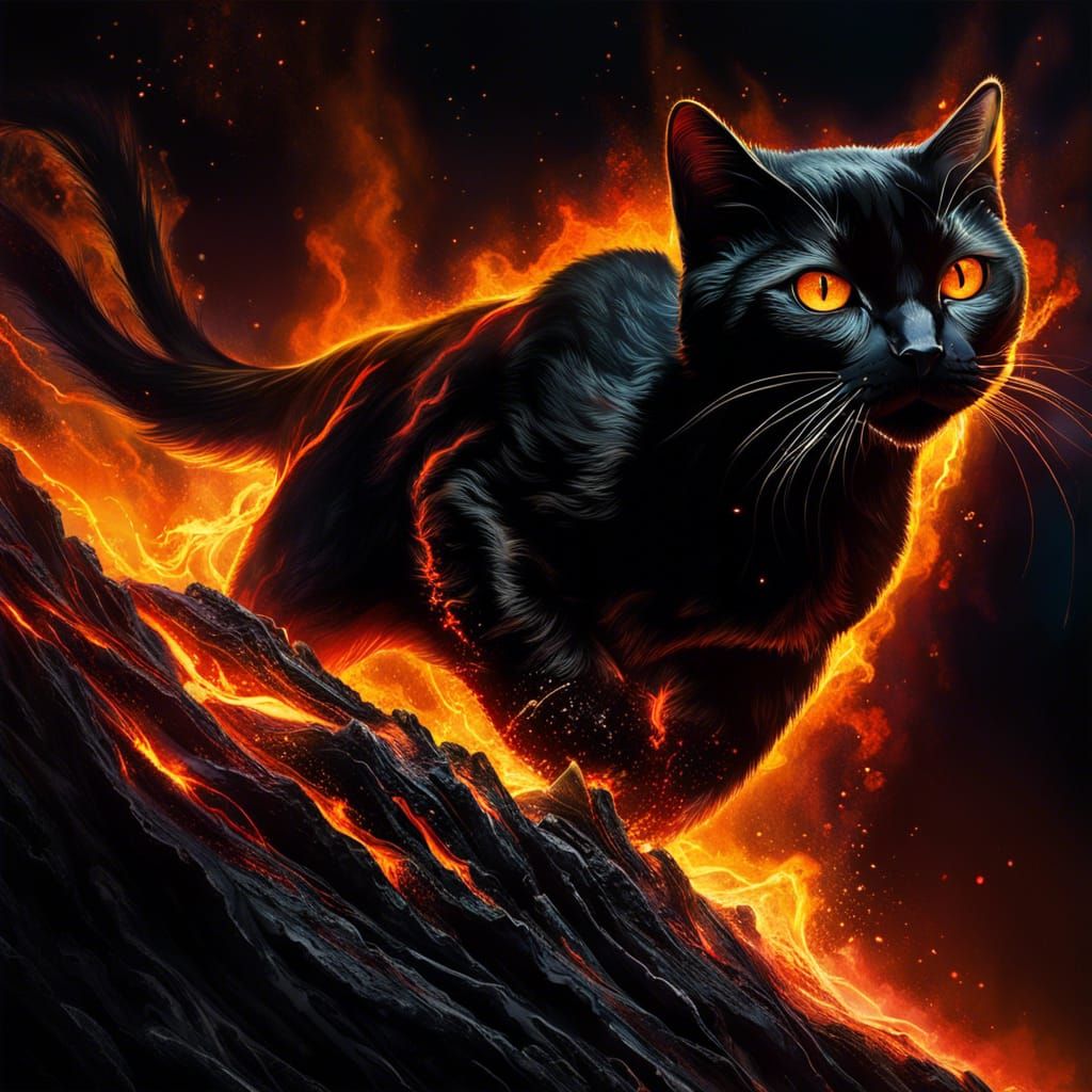 Epic Phoenix Cat Leaping from Volcanic Ash