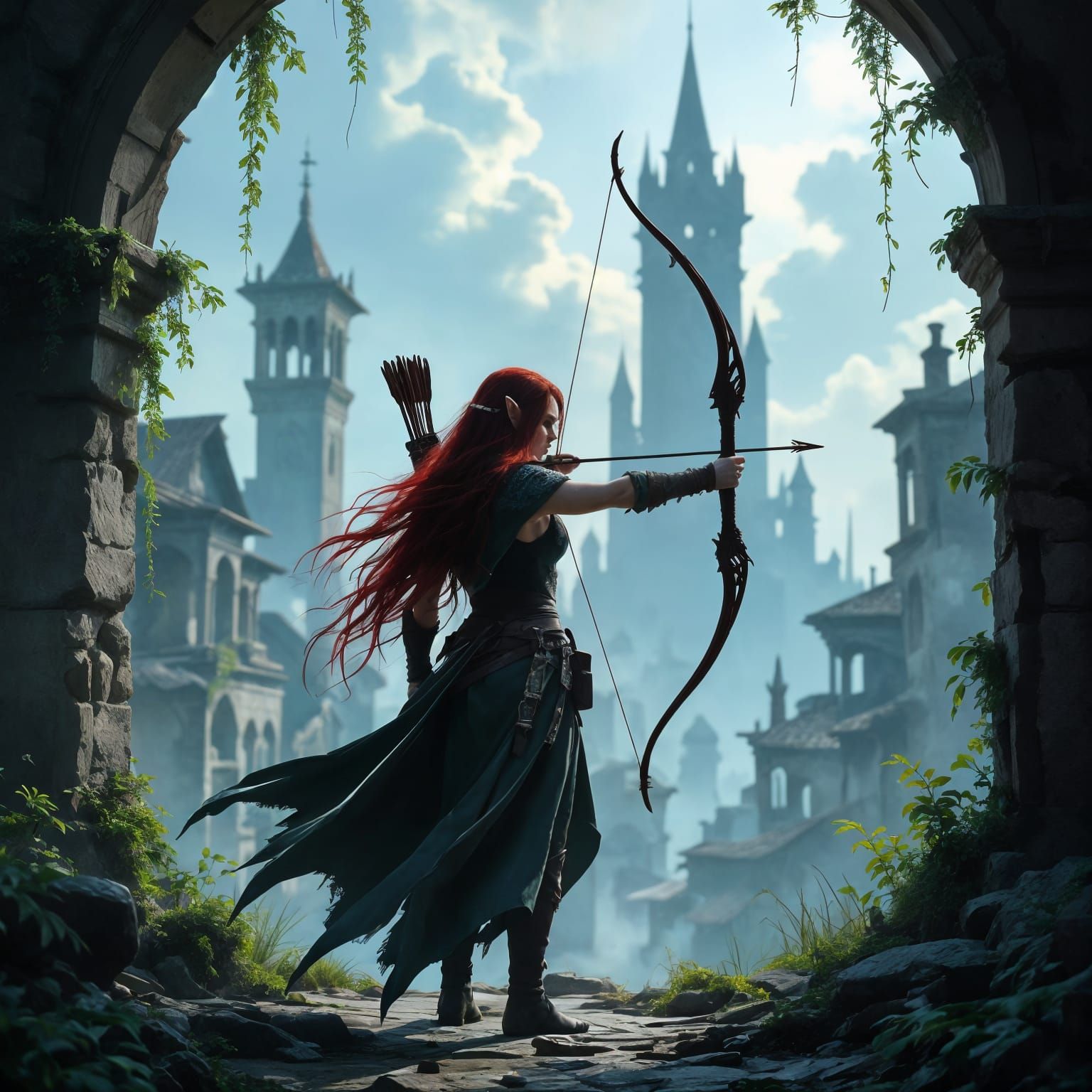 Elven Rogue in Ruined City: Fantasy Realism