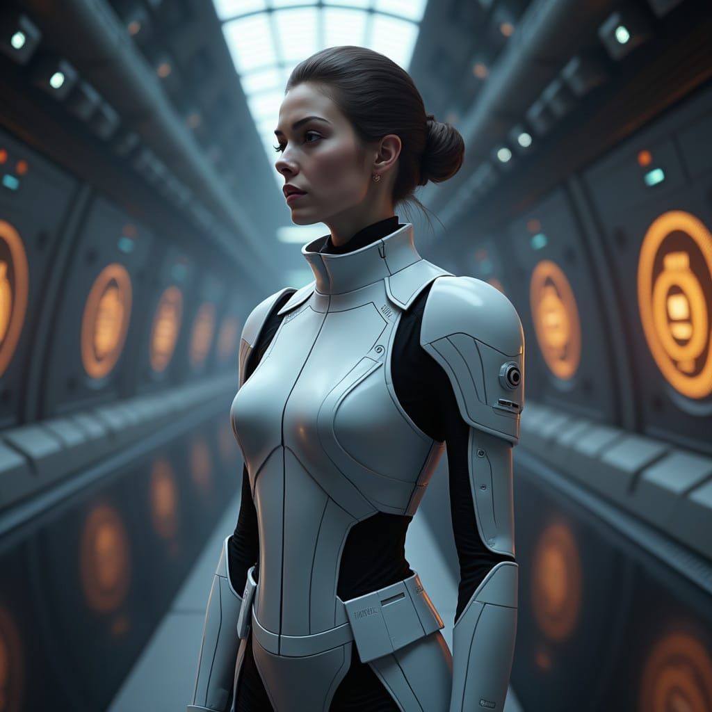 Confident Female Imperial Officer in Dimly Lit Galactic Star...