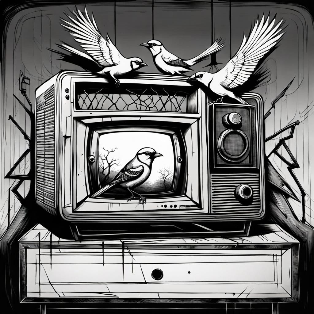 Surreal Birdcage TV in 1920s Horror Style
