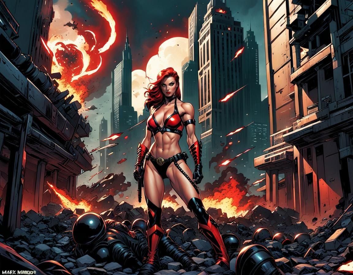 Female Supervillain in Red and Black Armor