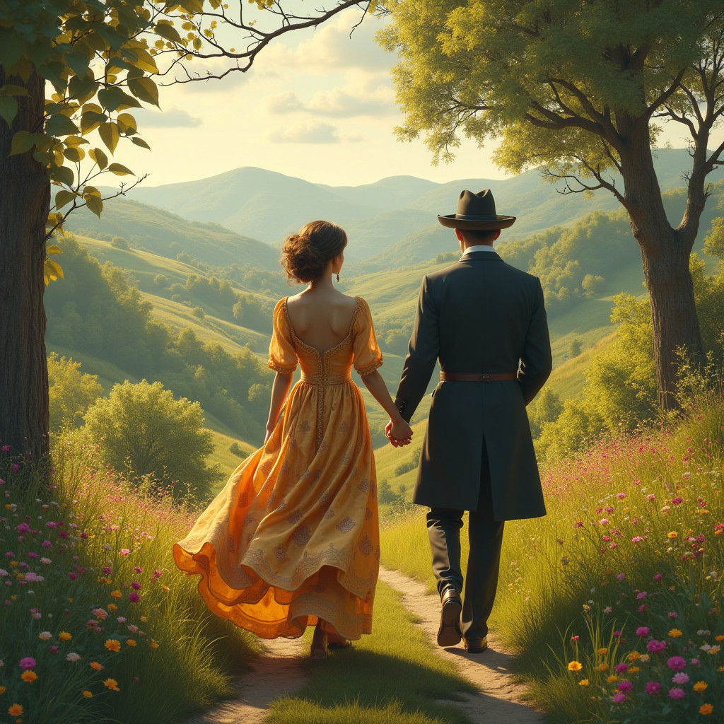Edwardian Couple Stroll Through Countryside Landscape