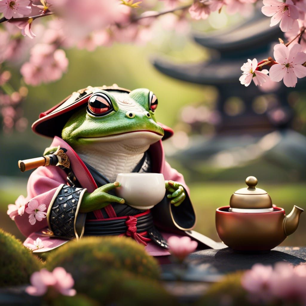 Samurai Frog Having Tea in Cherry Blossom Garden