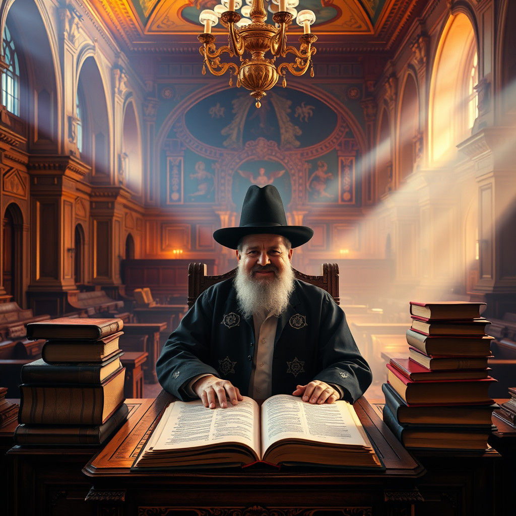 Ornate Synagogue Interior with Rabbi in Caravaggio Style