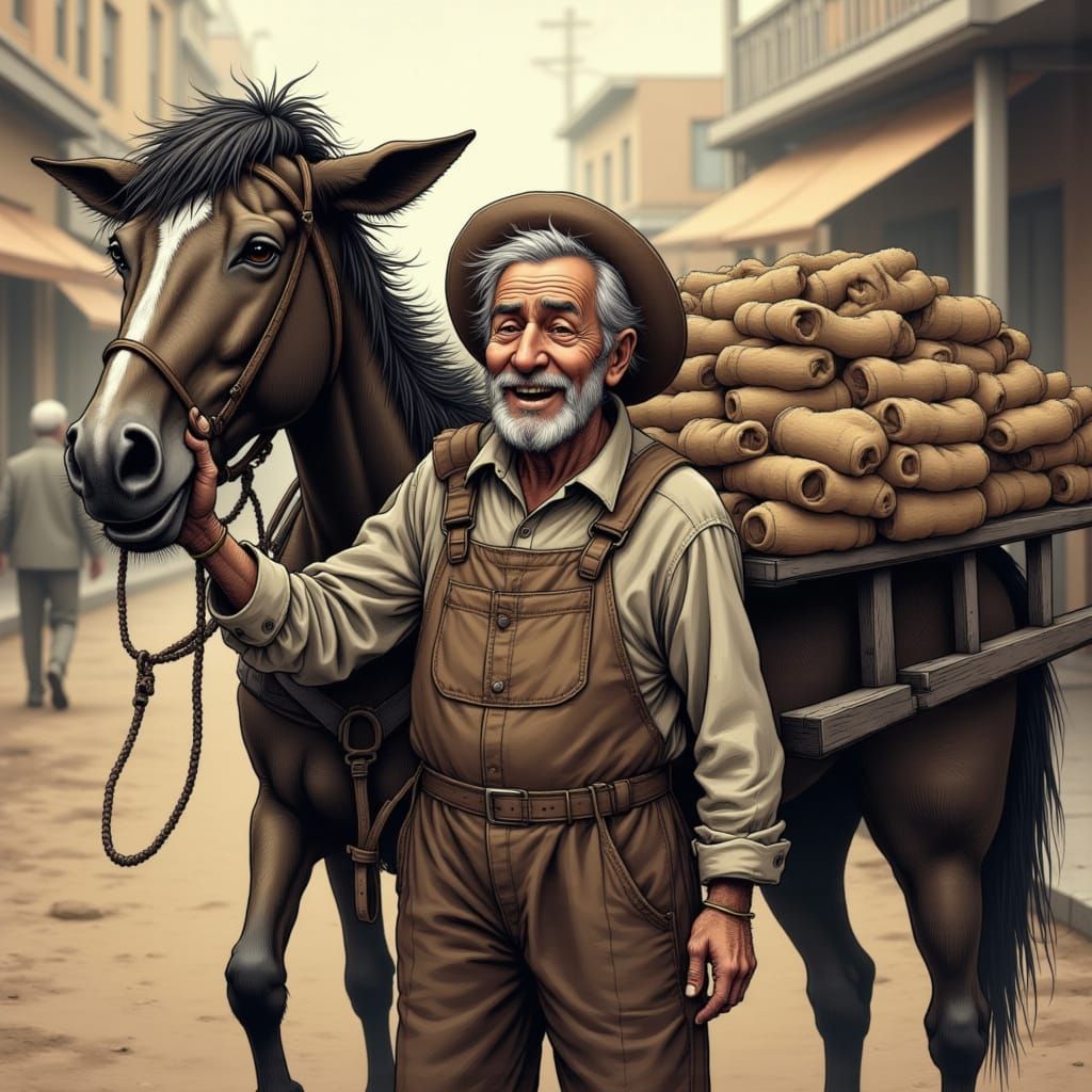 1950s Man with Pipe and Horse-Drawn Dray