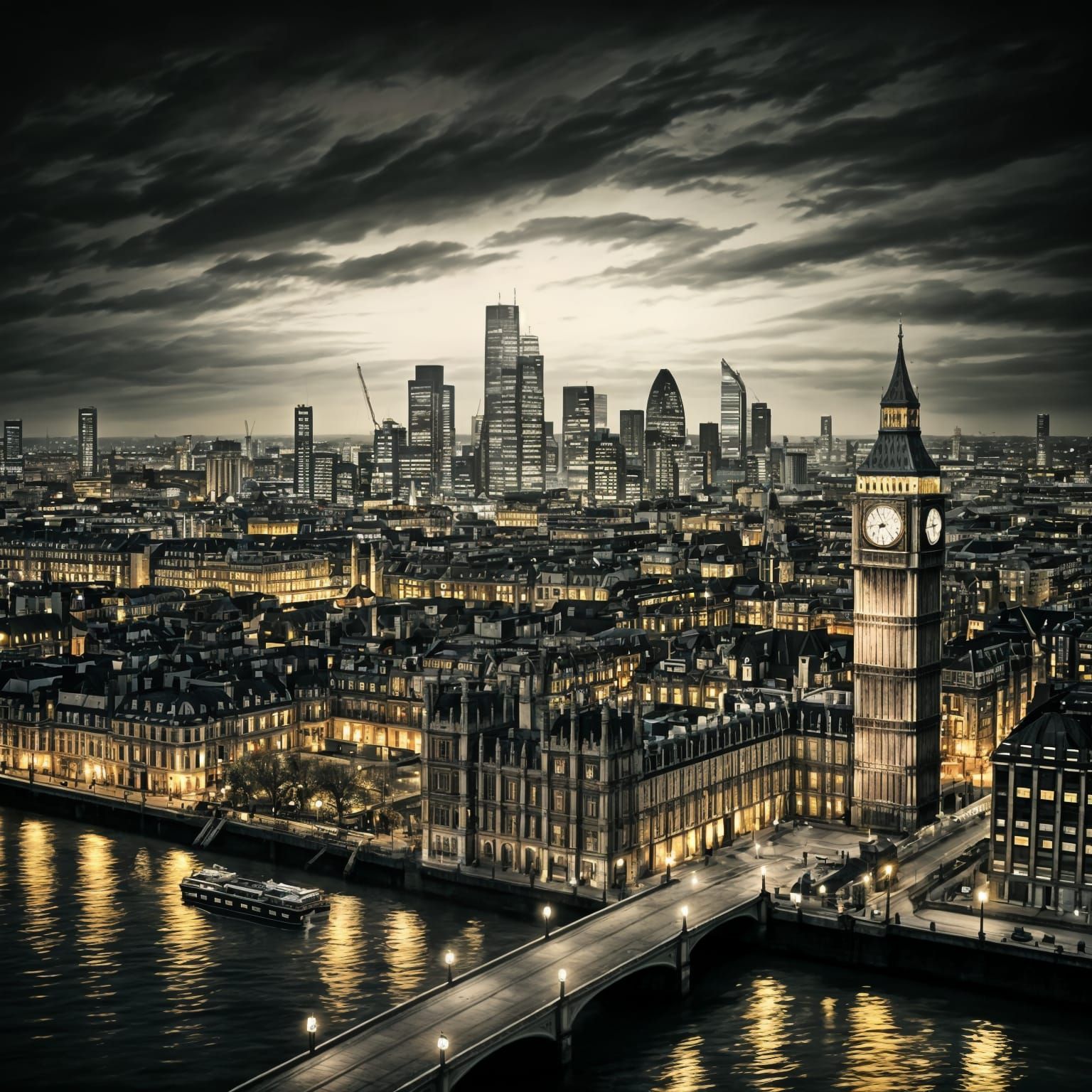 Charcoal London Skyline with Gold and Silver Accents