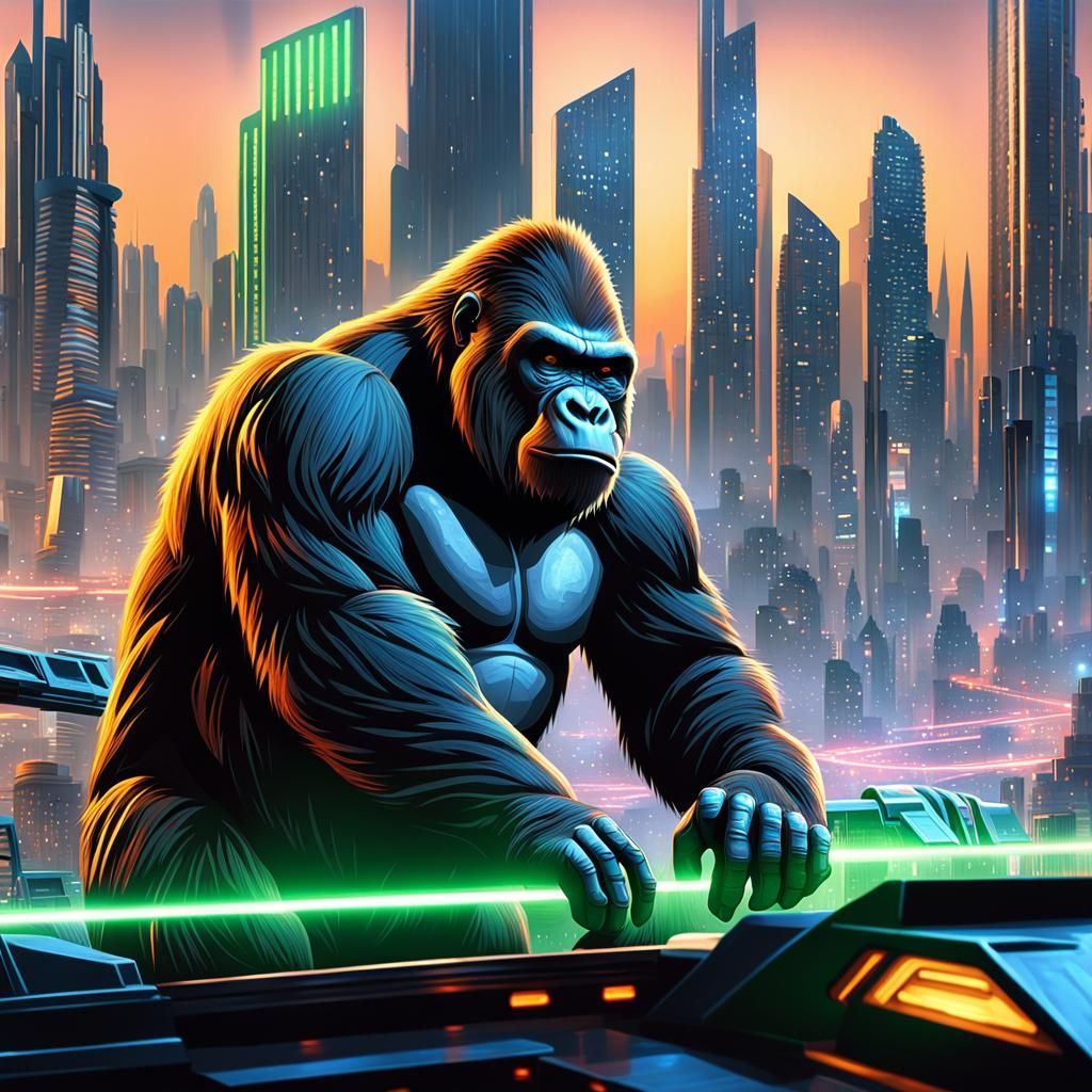 Angry Green Gorilla in Futuristic Cityscape