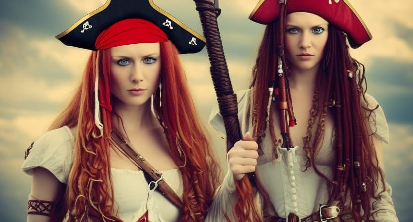 Red-Haired Pirate Woman on Ship: Digital Matte Painting