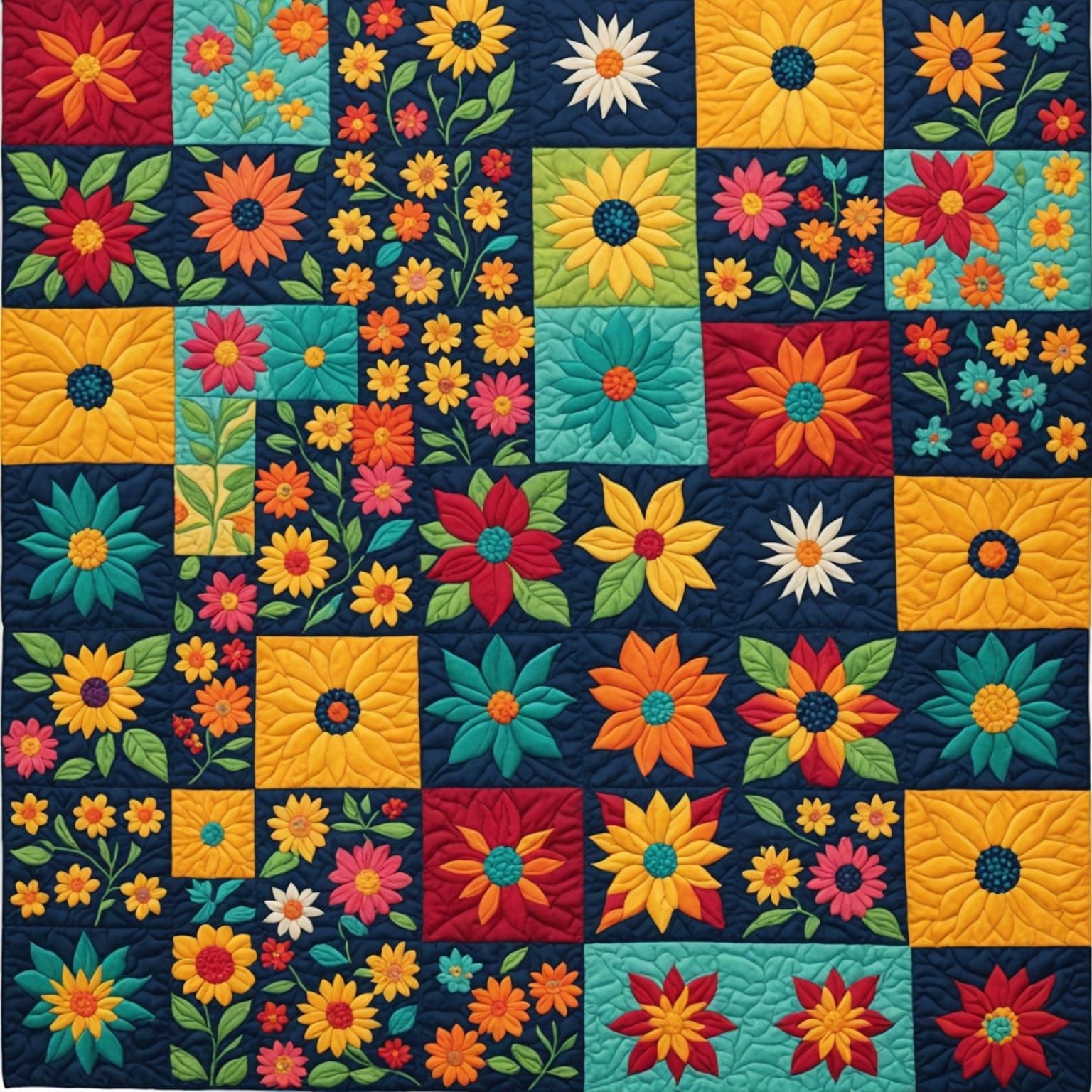 Vibrant Floral Quilt Design in Colorful Patchwork Style