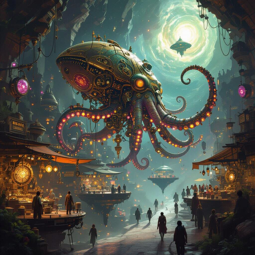 Steampunk Kraken Guarding Alien Marketplace