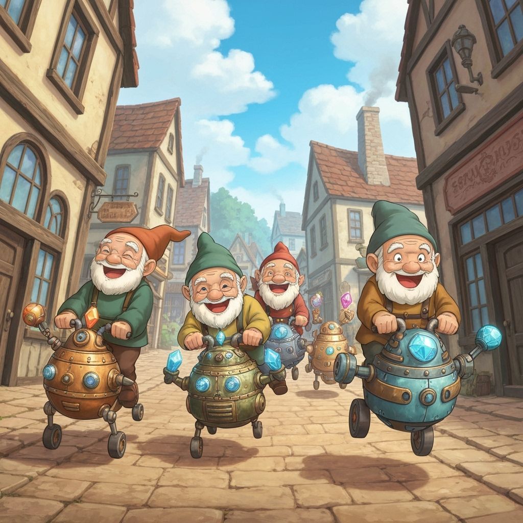 Gnomes Race Steampunk Robots in Cozy Village