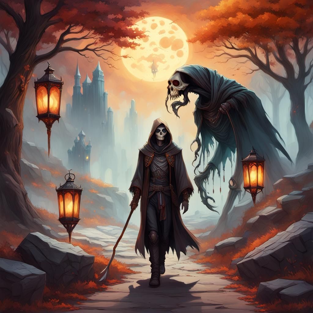 Teenager and Death Reaper in Fantasy Landscape