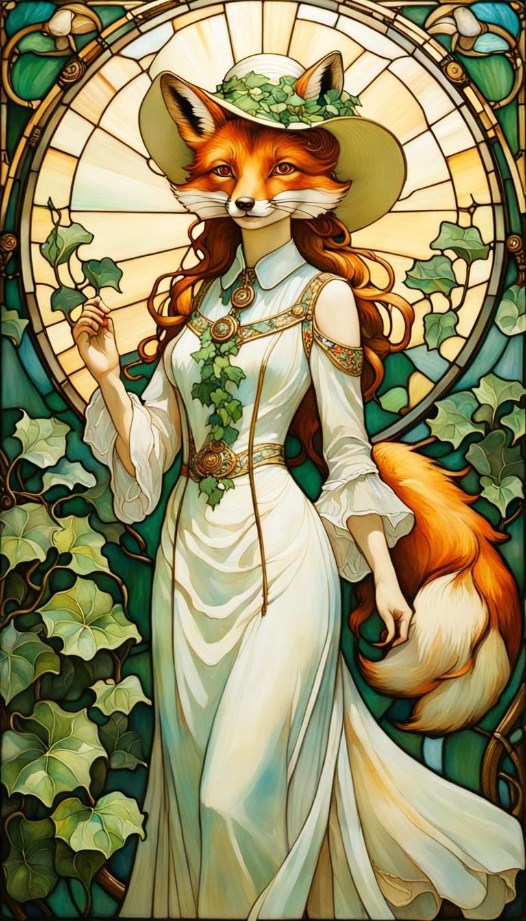 Art Nouveau Fox in Stained Glass Style