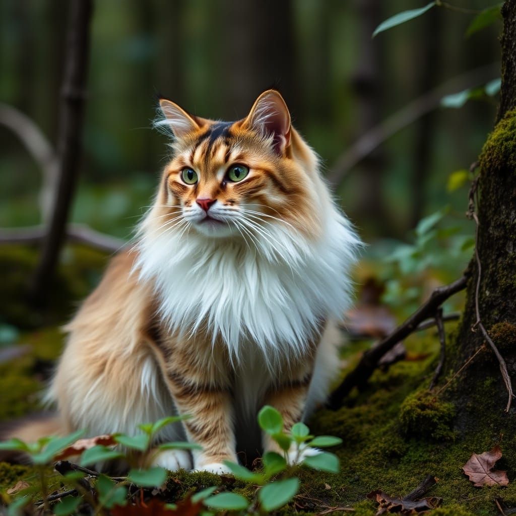 Norwegian Forestcat Among Frogs in Enchanted Forest