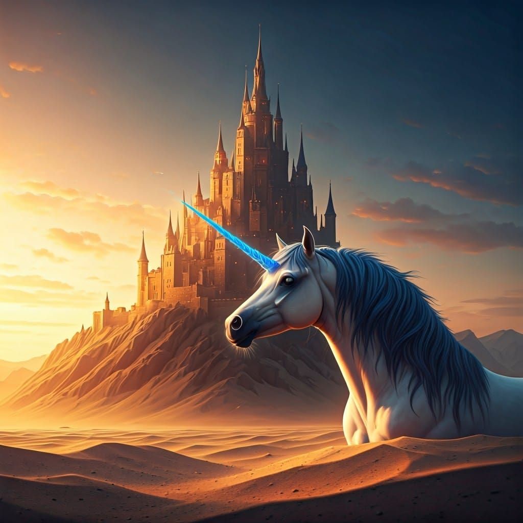 Unicorn Admires Sandcastle in Hyperrealistic Style