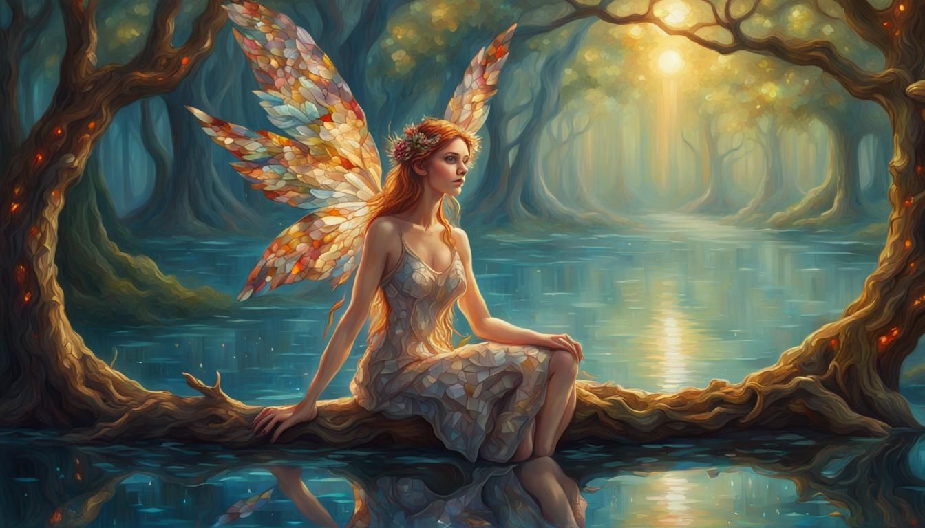 Stained Glass Fairy Reflecting Sunlight as Oil Painting