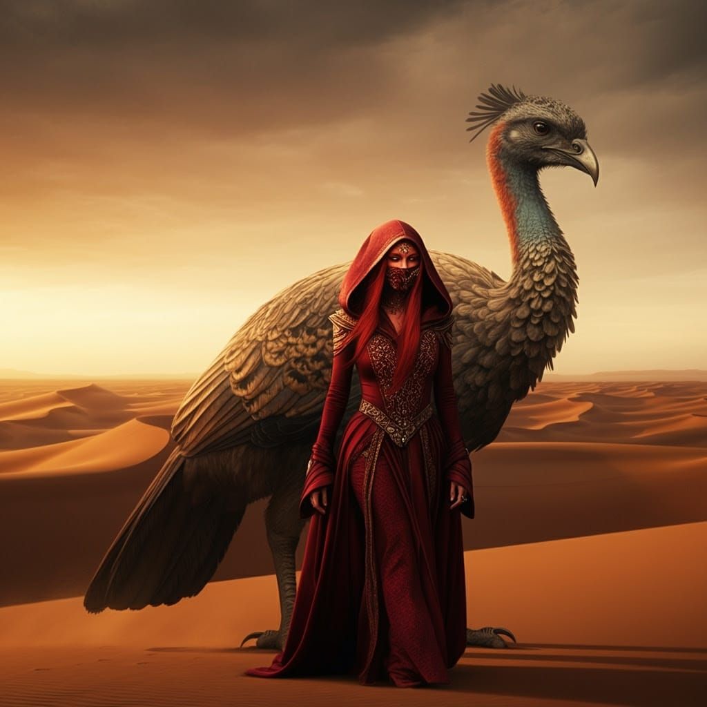 Regal Elf Woman Walks Among Majestic Moa in Arid Desert