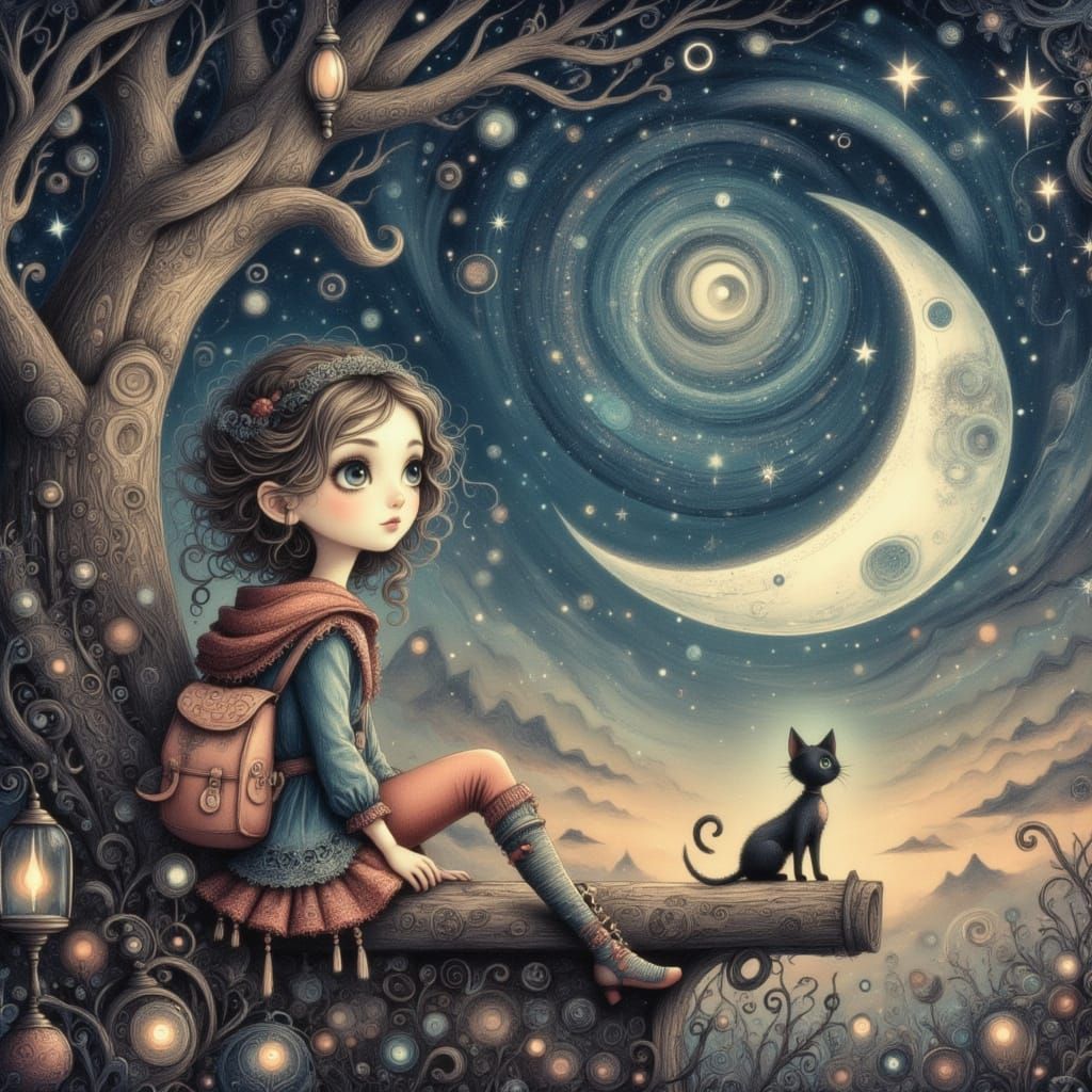 Child and Cat Gazing at Moon in Whimsical Style