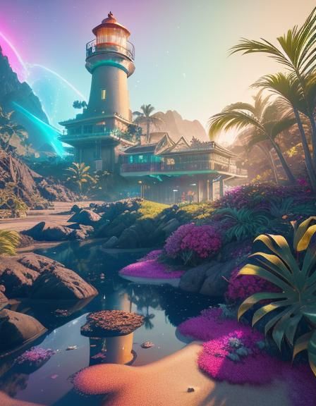 Tropical Cyberpunk Island: Sci-Fi Art in Chagall Style