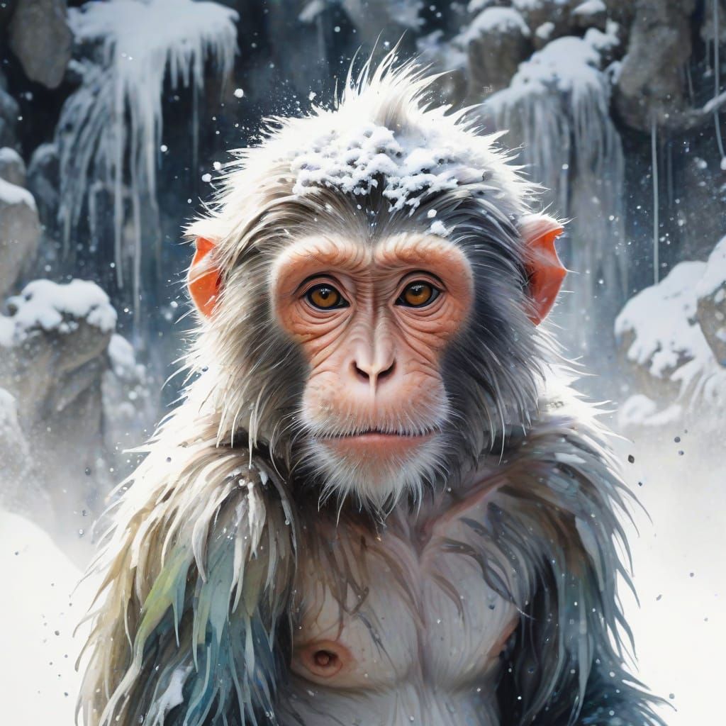 Whimsical Snow Monkey in Hot Springs Watercolour Art