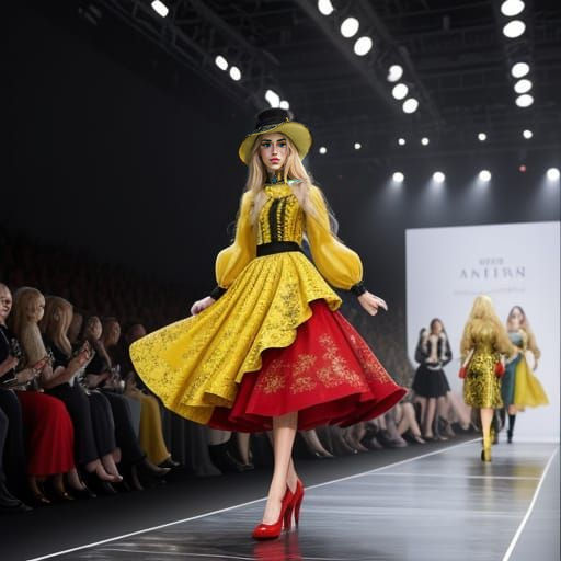 Elegant Blonde Model Struts Down Runway in Yellow and Red