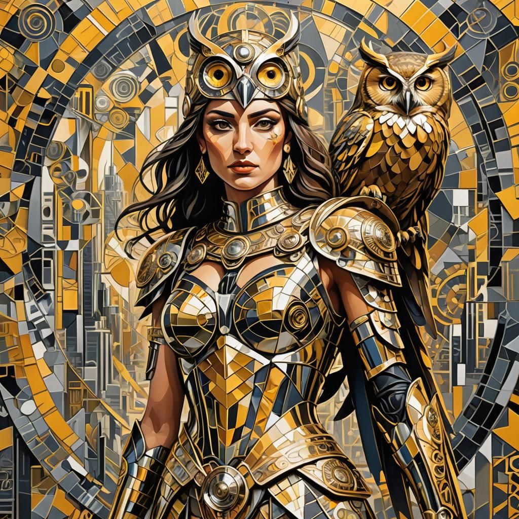 Goddess Athena in Cubist Metallic Armor