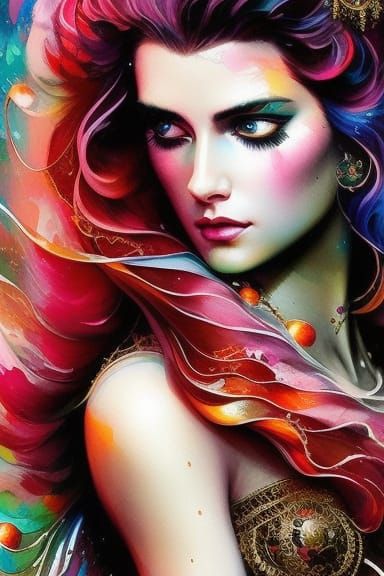 Gypsy Girl Portrait with Fluid Hair, Digital Art
