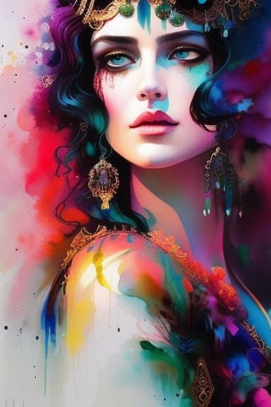 Gypsy Girl with Flowing Hair: Digital Watercolor Art