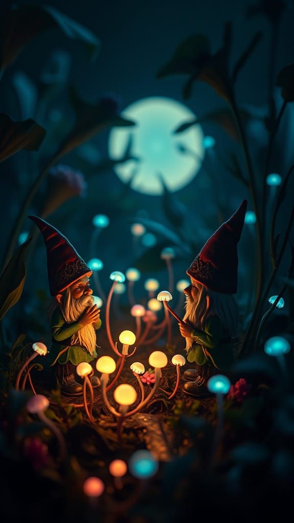 Surrealist Gnomes in Dark Botanical Harmony