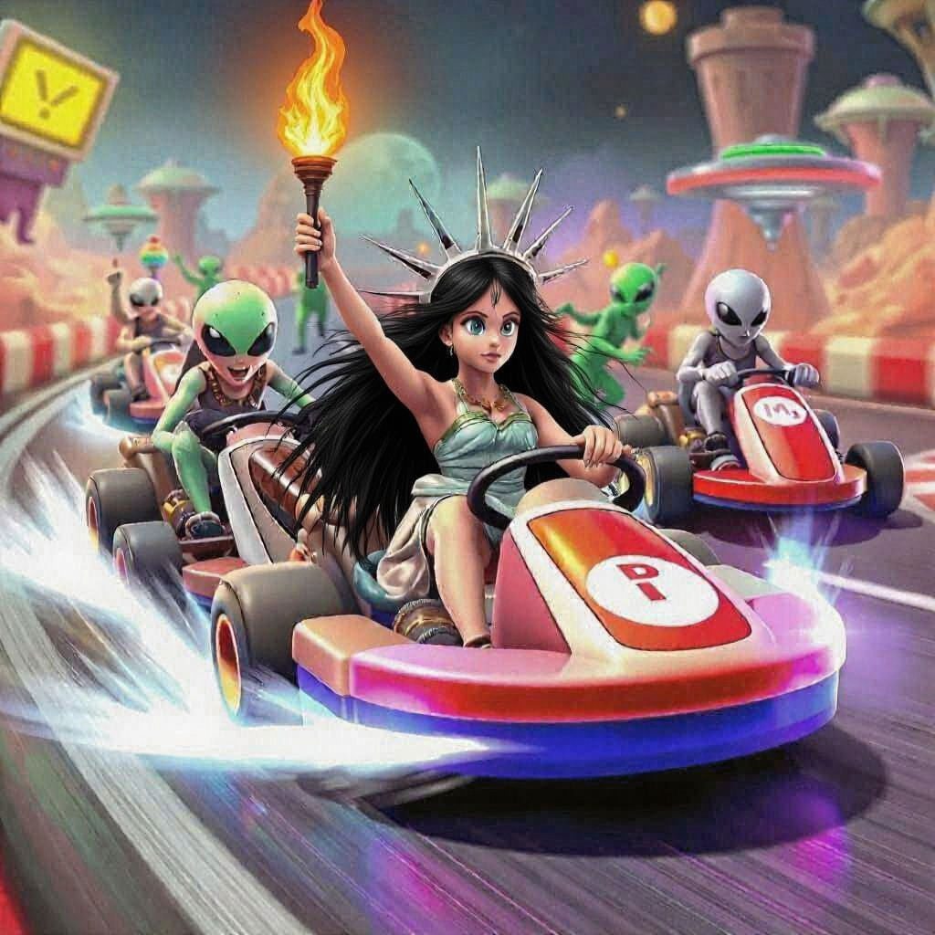 Goddess Isis Races Aliens in Mario Kart