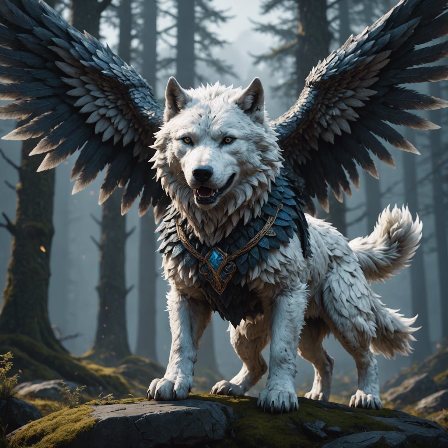 Winged White Dire Wolf Fantasy Concept Art
