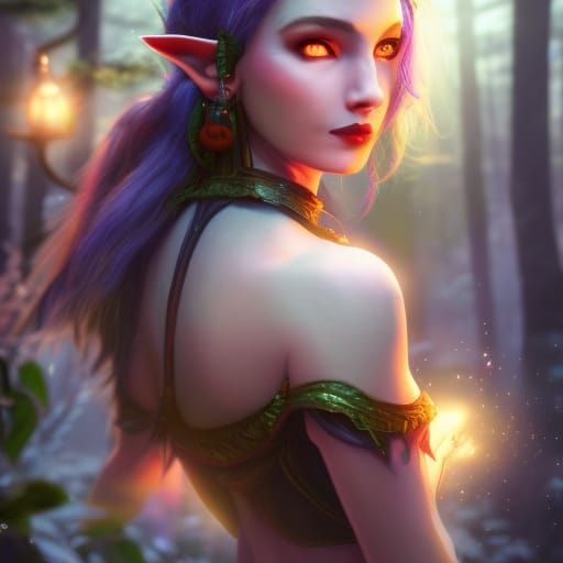 Elf woman beautiful, nightfall in an enchanted forest.
