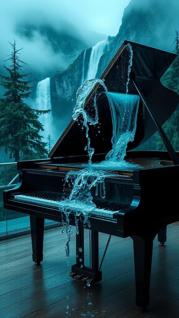 Surreal Waterfall Piano in Photorealistic Digital Art