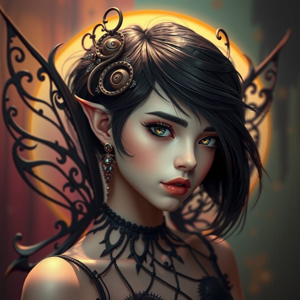 Ethereal Black Hair Fairy Portrait in Art Nouveau Style