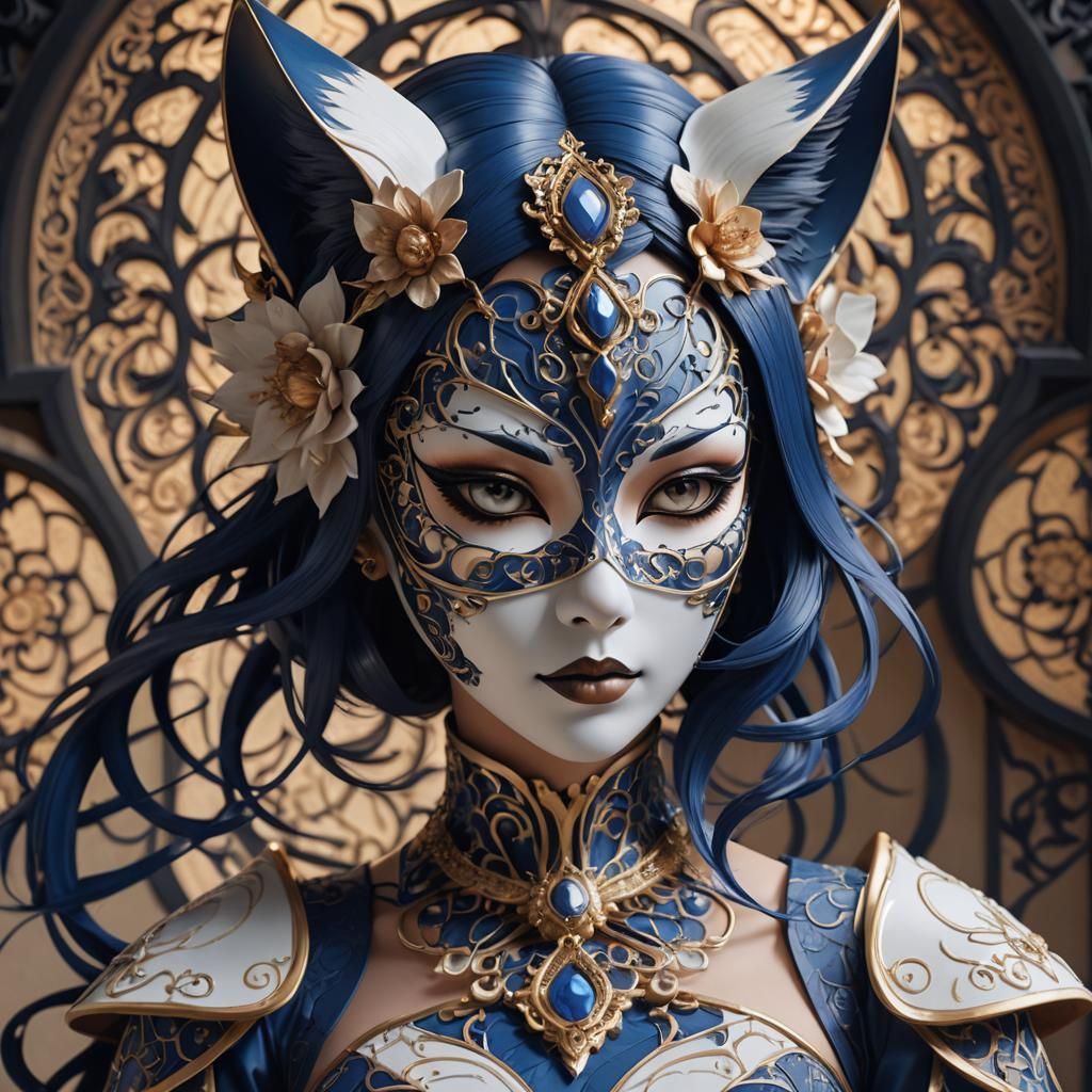 Anime Catgirl Monarch in Ceramic Mask: 3D Art