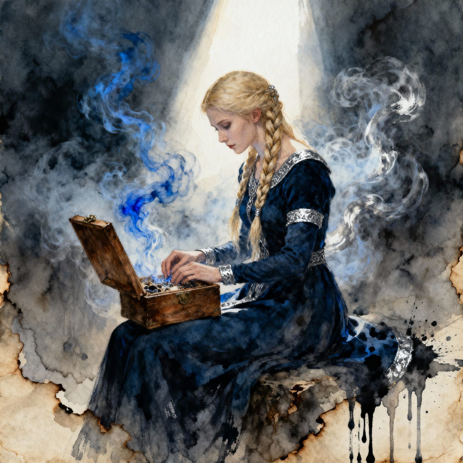 Norse Goddess Examining Treasure in Smoky Mist