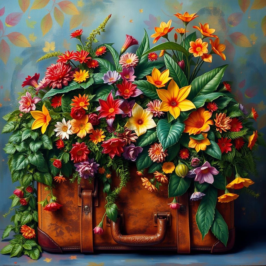 Vibrant Foliage Overflows from Vintage Suitcase in Whimsical...