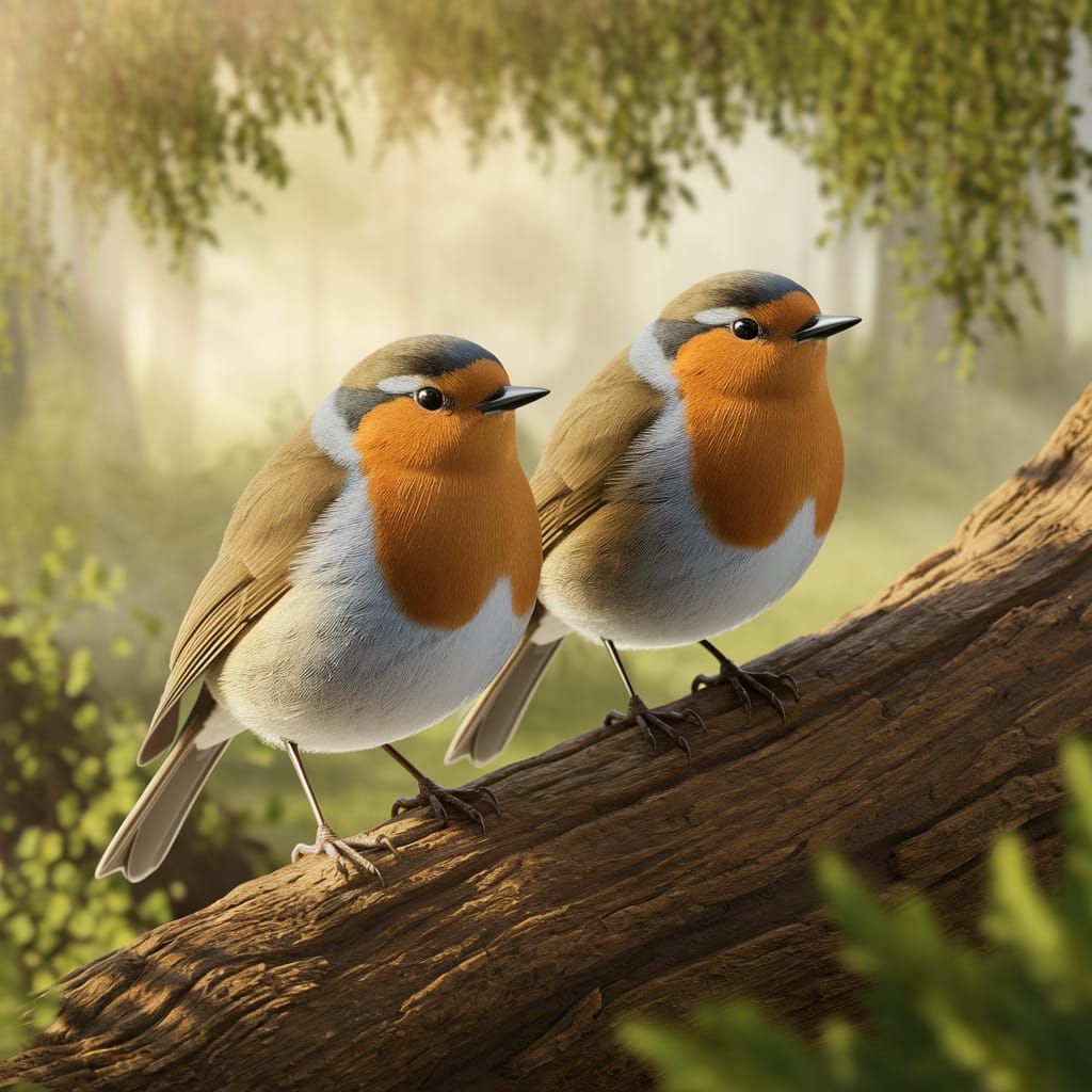 Robins Perched on a Branch in Sunlit Forest
