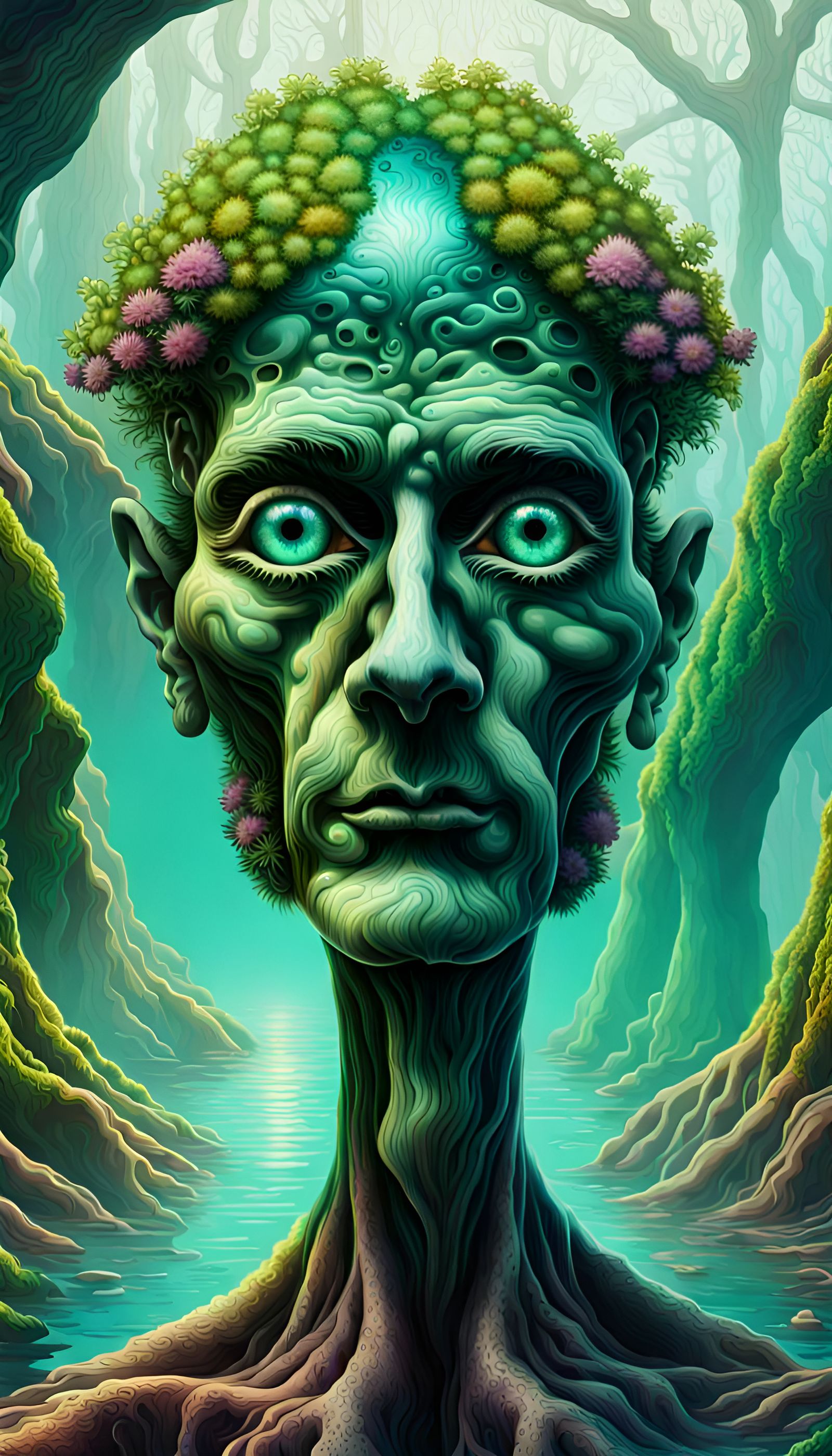 Psychedelic Emerald Man in Surreal Landscape