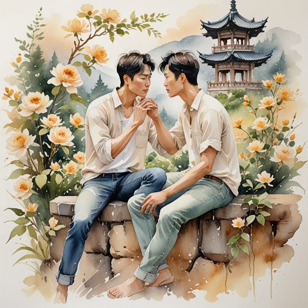 Romantic Watercolor of Two Men Posing on Stone Wall