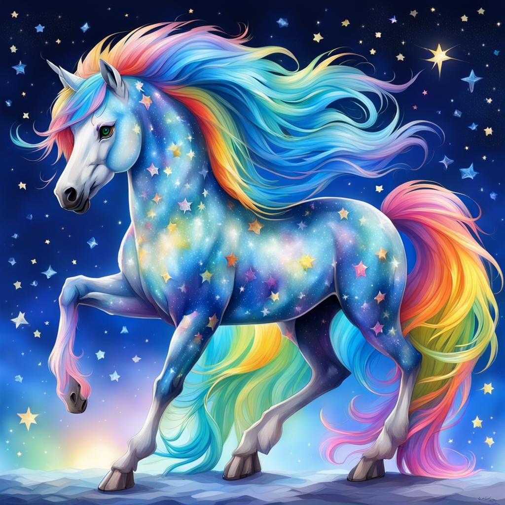 Mythical Sky-Hued Unicorn with Rainbow Mane and Tail
