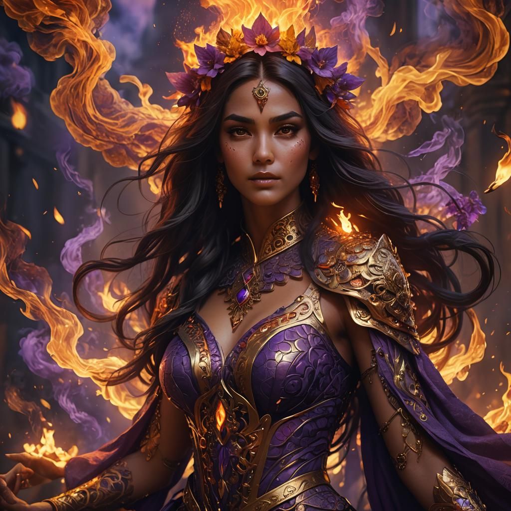 Exotic Woman Surrounded by Glowing Fire Smoke