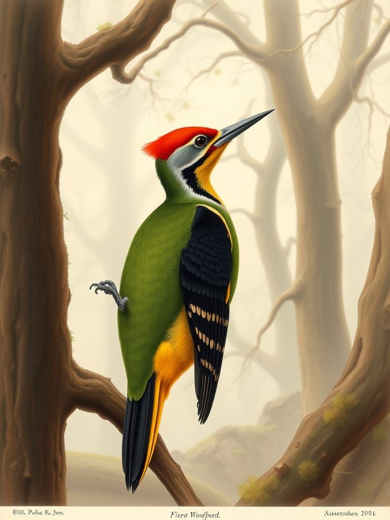 Nineteenth century zoological style book illustration of a Green Woodpecker