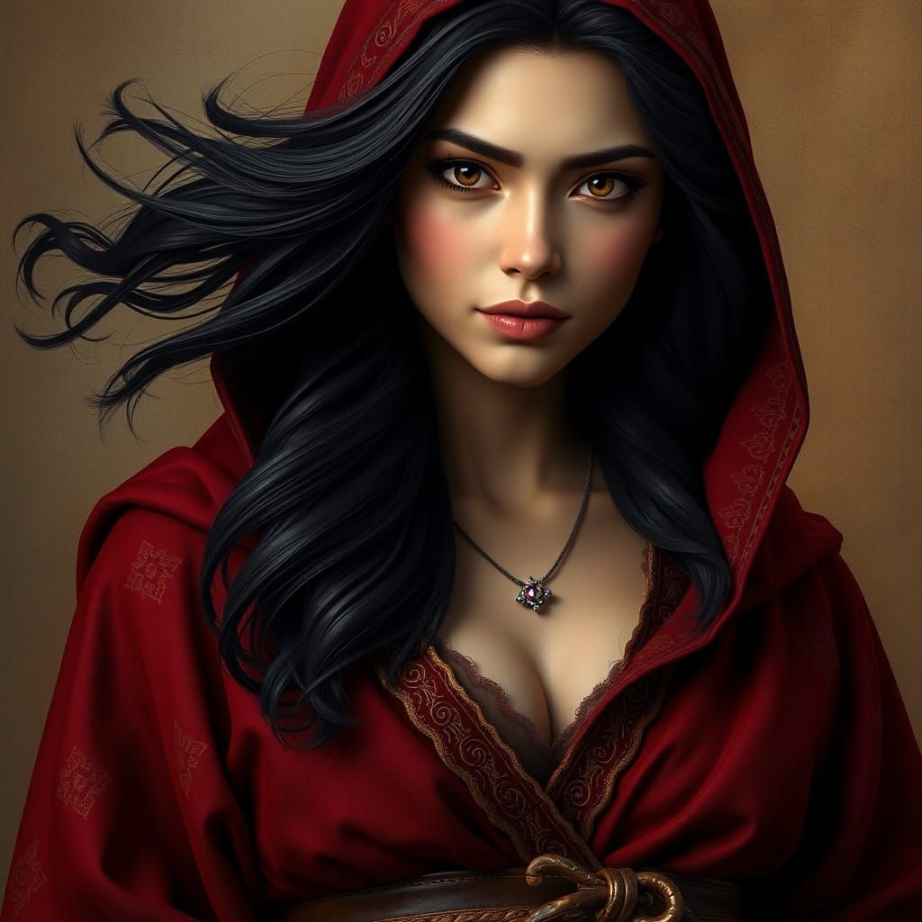 Elegant Fantasy Woman in Deep Crimson Robe