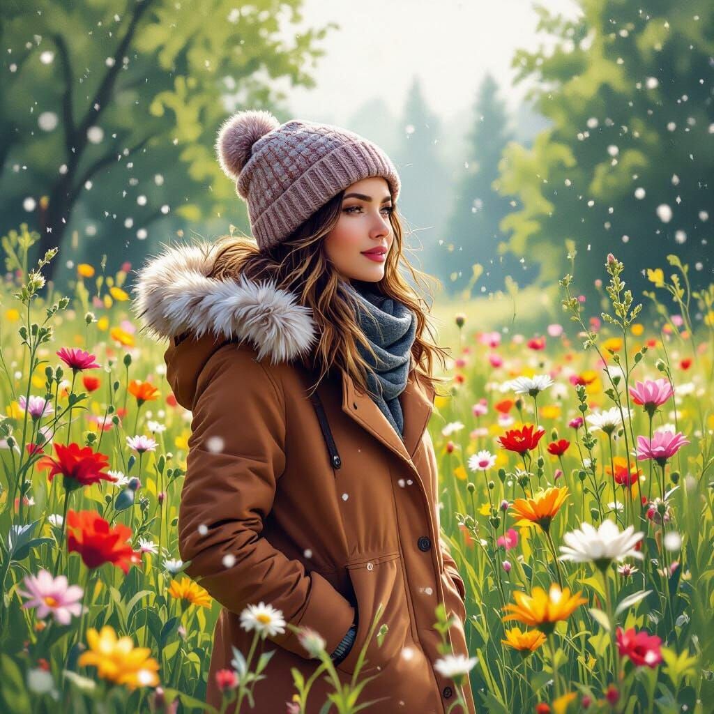 Woman in Winter Coat in Summer Meadow