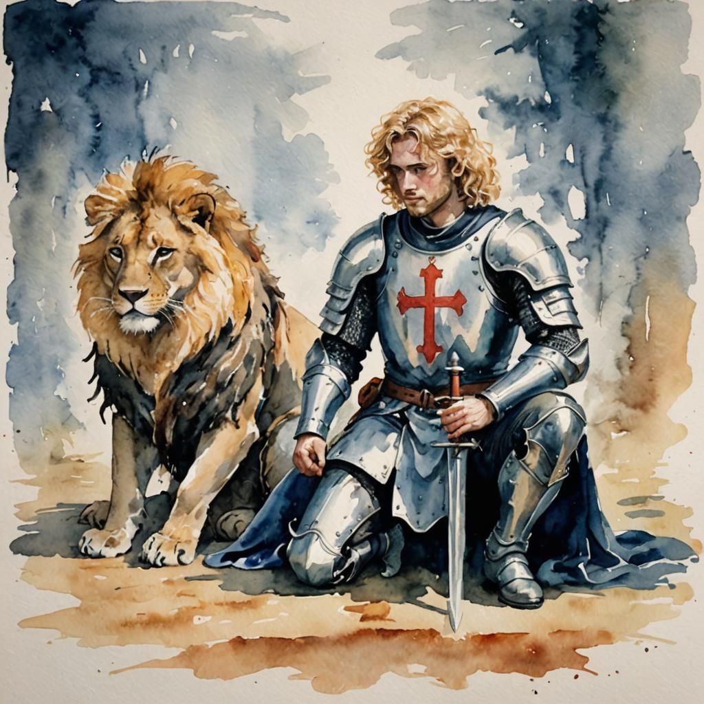 Kneeling Knight with Lion, Minimalist Watercolor