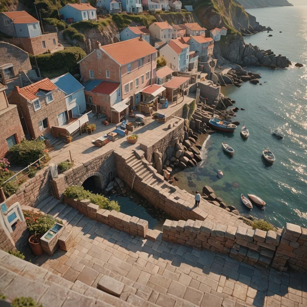 Coastal Village Scene in Hyper-Realistic Digital Art