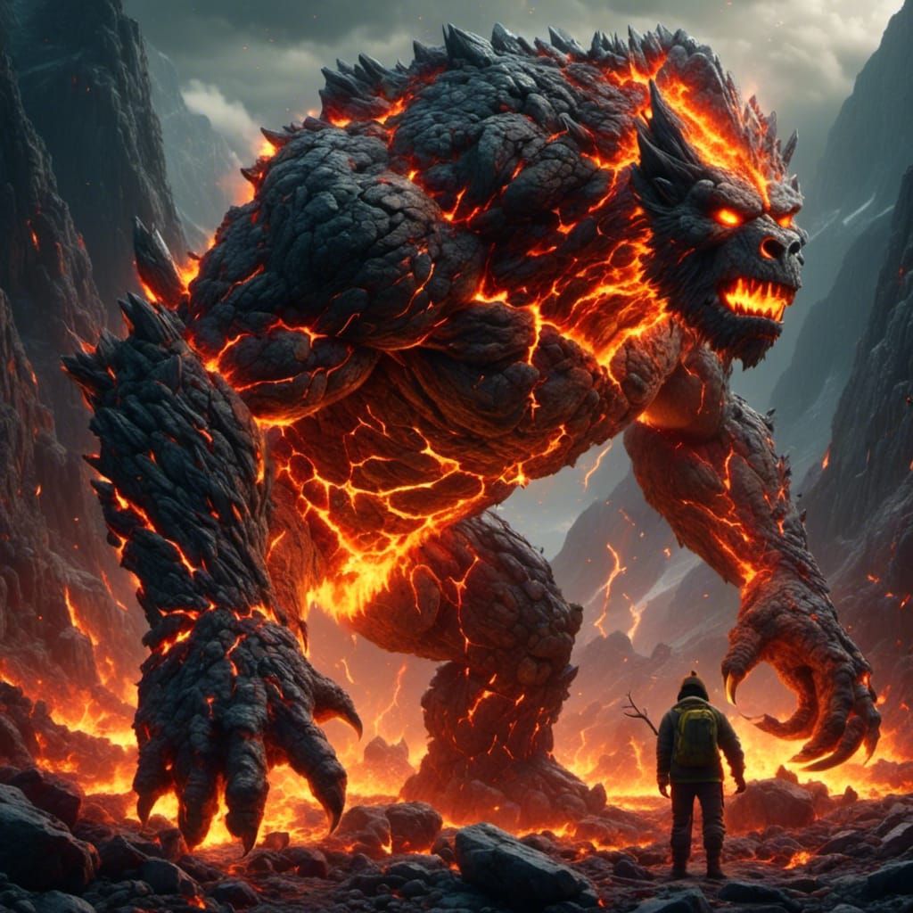 Close-up of an fire ogre <lora:Magmafication:1.0>. Volcanoes...