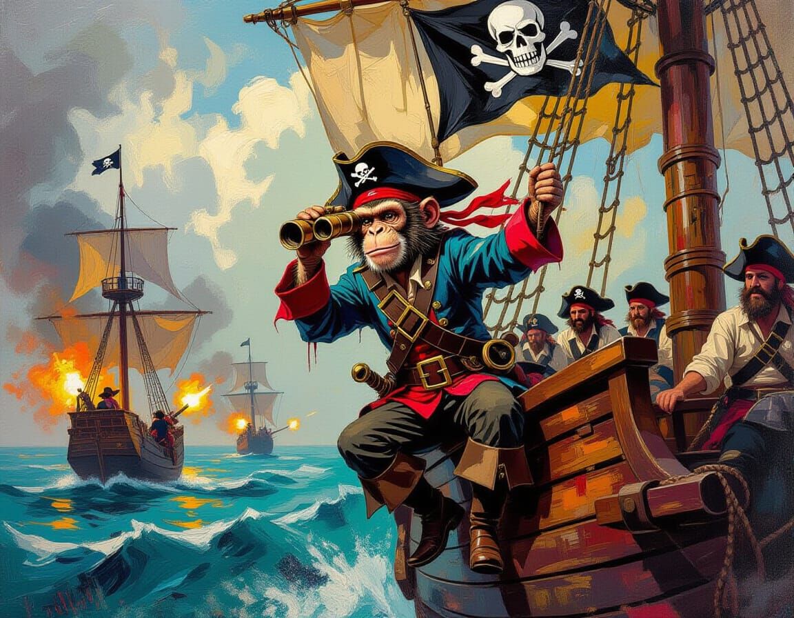 Monkey Pirate on Ship Mast in Dramatic Oil Painting